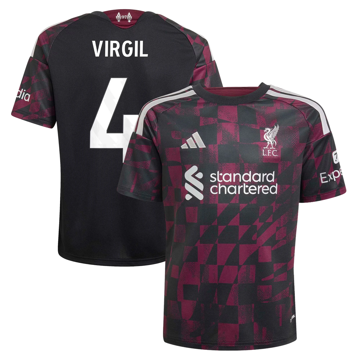 Front and back view of youth Liverpool 2026-2027 third black replica jersey featuring Virgil van Dijk by Final Third Kit