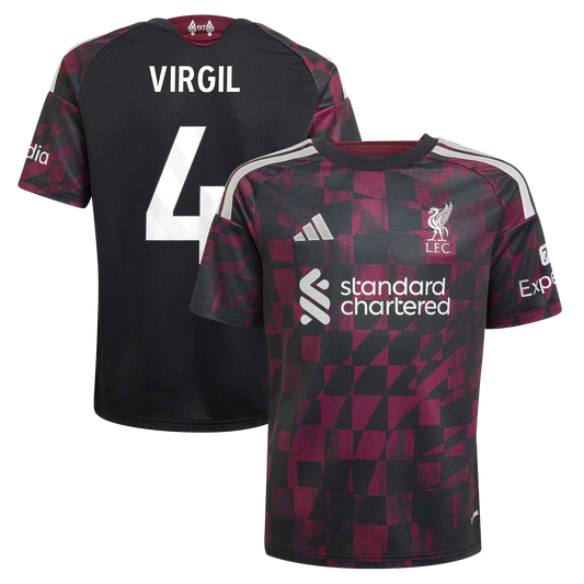 Front and back view of youth Liverpool 2026-2027 third black replica jersey featuring Virgil van Dijk by Final Third Kit