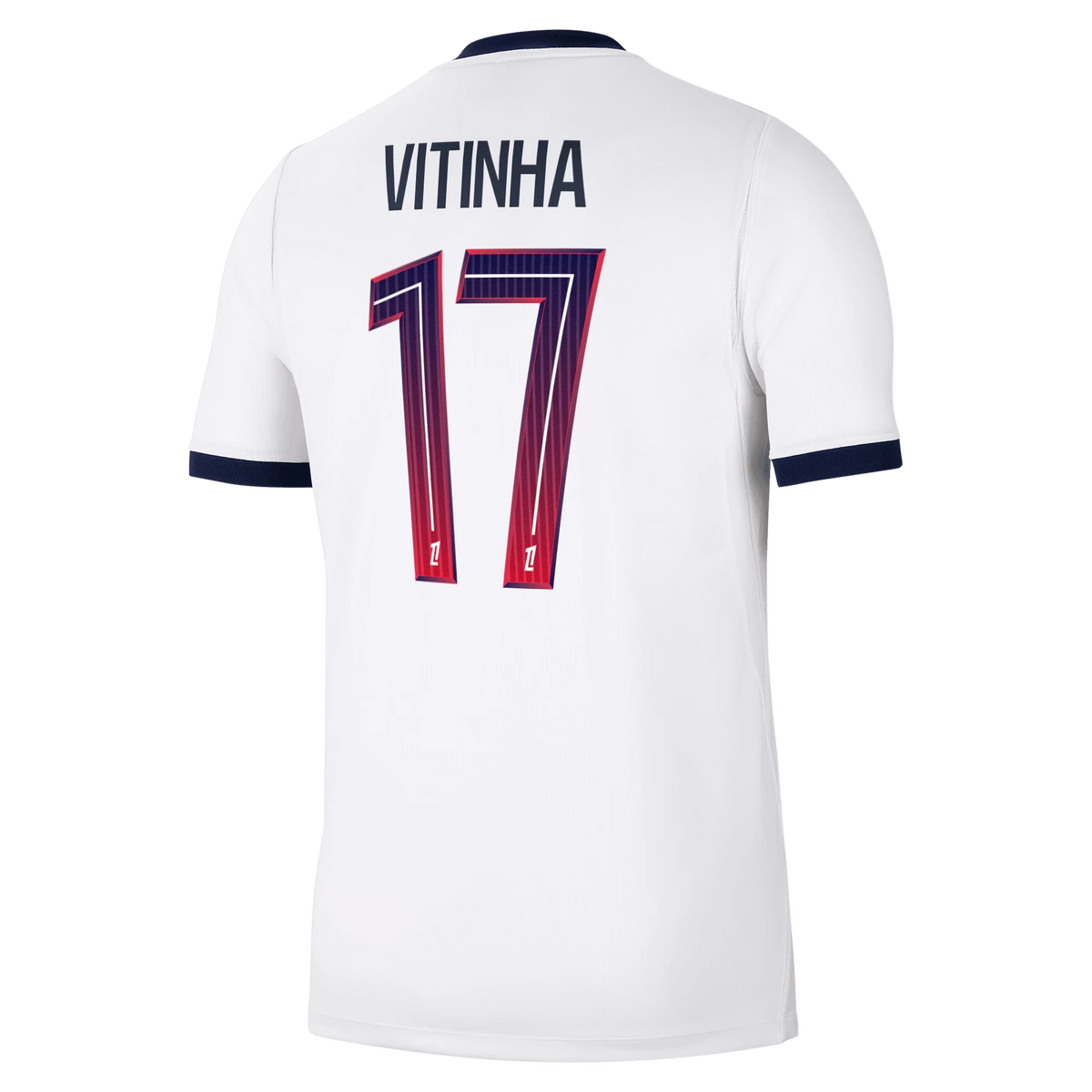 Back view of men's Paris Saint-Germain 2026-2027 away white stadium replica football shirt with Vitinha name and number 17 printing by Final Third Kit