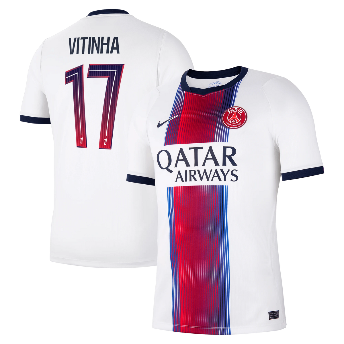 Front and back view of men's Paris Saint-Germain 2026-2027 away white stadium replica custom jersey featuring Vitinha by Final Third Kit