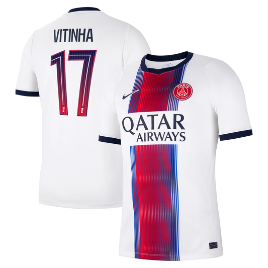Front and back view of men's Paris Saint-Germain 2026-2027 away white stadium replica custom jersey featuring Vitinha by Final Third Kit