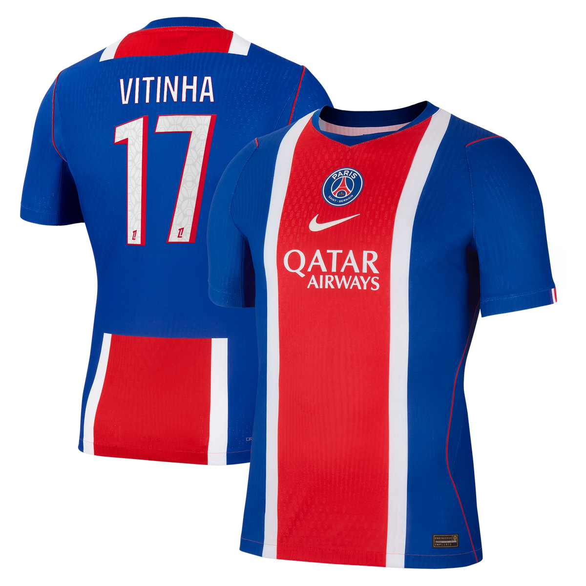 Front and back view of men's Paris Saint-Germain 2026-2027 home blue match authentic custom jersey featuring Vitinha by Final Third Kit
