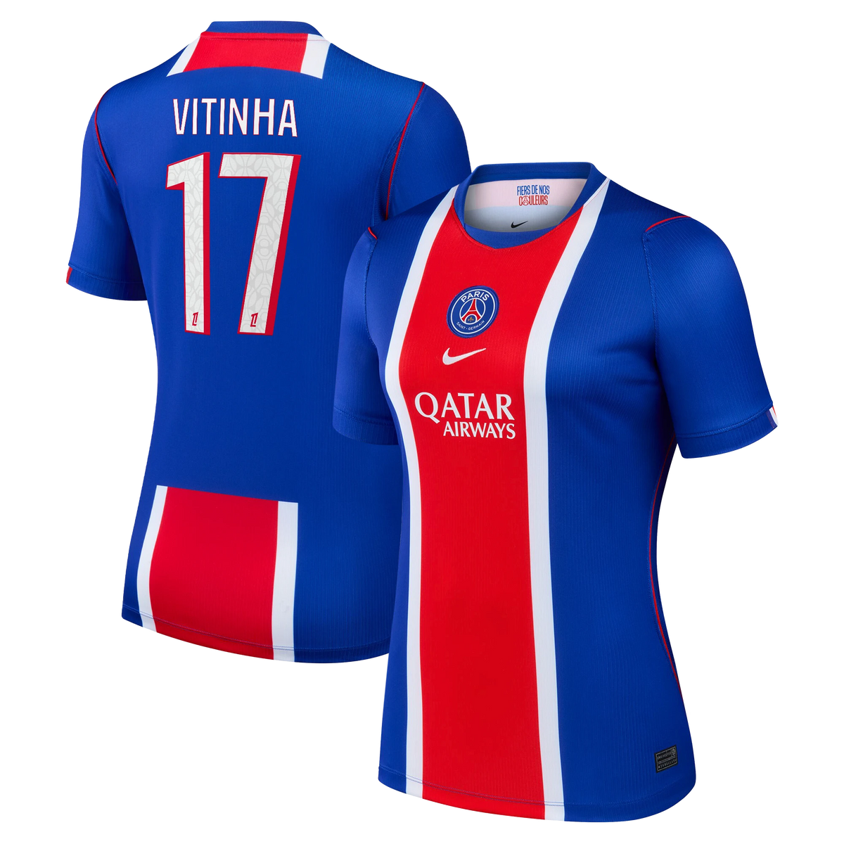 Front and back view of women's Paris Saint-Germain 2026-2027 home blue stadium replica custom jersey featuring Vitinha by Final Third Kit