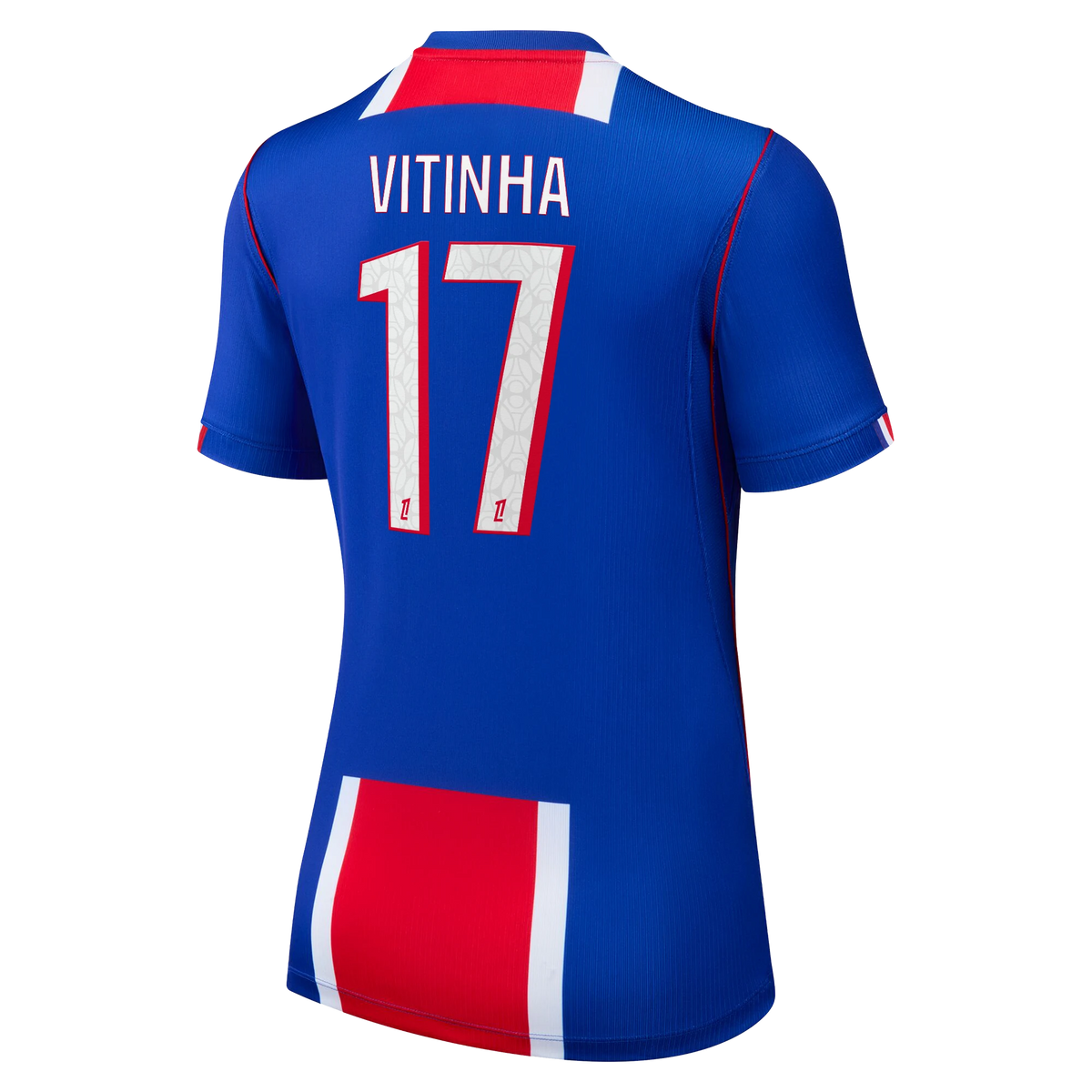 Back view of women's Paris Saint-Germain 2026-2027 home blue stadium replica football shirt with Vitinha name and number 17 printing by Final Third Kit