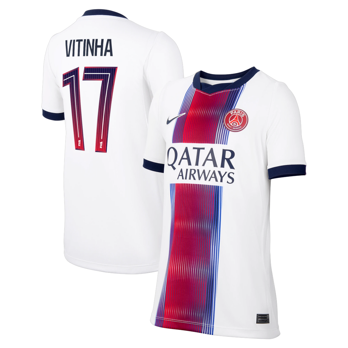Front and back view of youth Paris Saint-Germain 2026-2027 away white stadium replica custom jersey featuring Vitinha by Final Third Kit