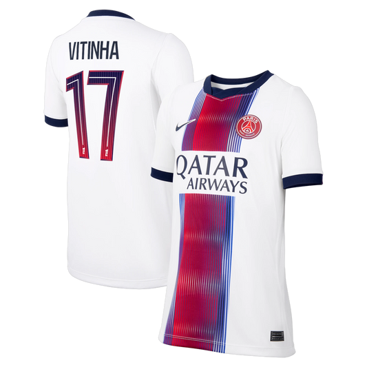 Front and back view of youth Paris Saint-Germain 2026-2027 away white stadium replica custom jersey featuring Vitinha by Final Third Kit