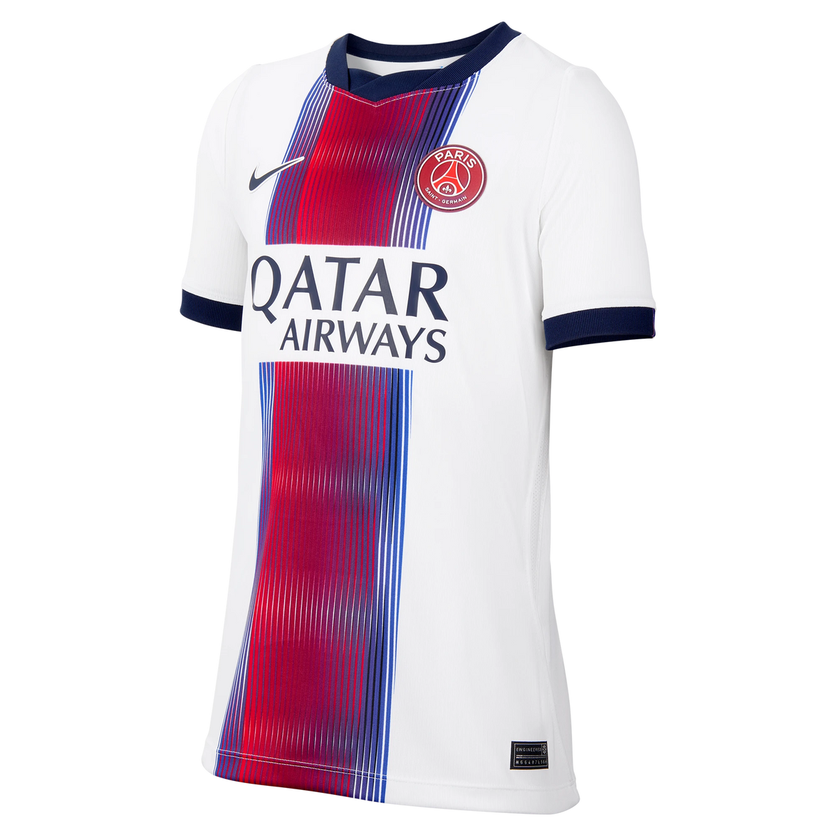 Front view of youth Paris Saint-Germain 2026-2027 away white stadium replica soccer jersey by Final Third Kit