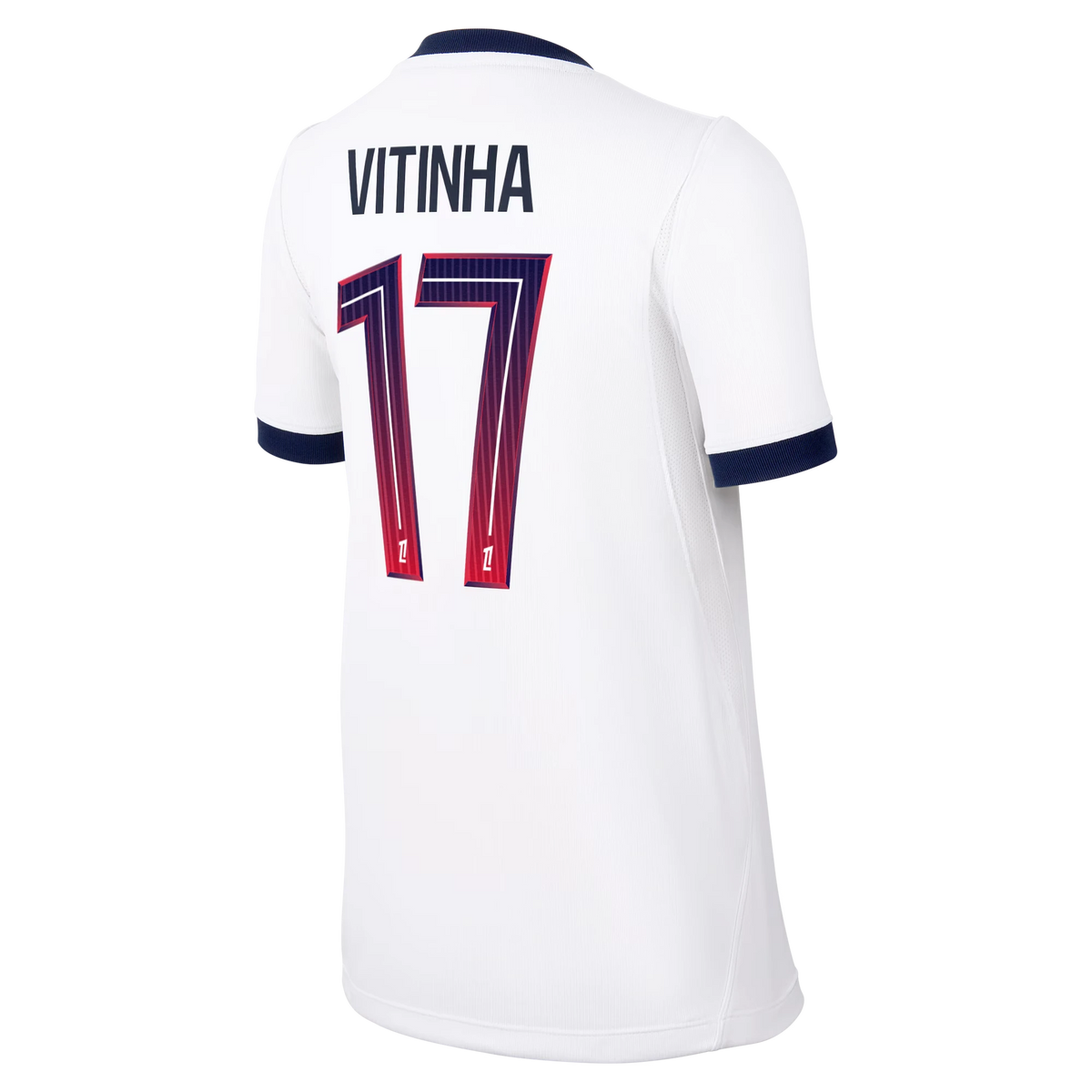 Back view of youth Paris Saint-Germain 2026-2027 away white stadium replica football shirt with Vitinha name and number 17 printing by Final Third Kit