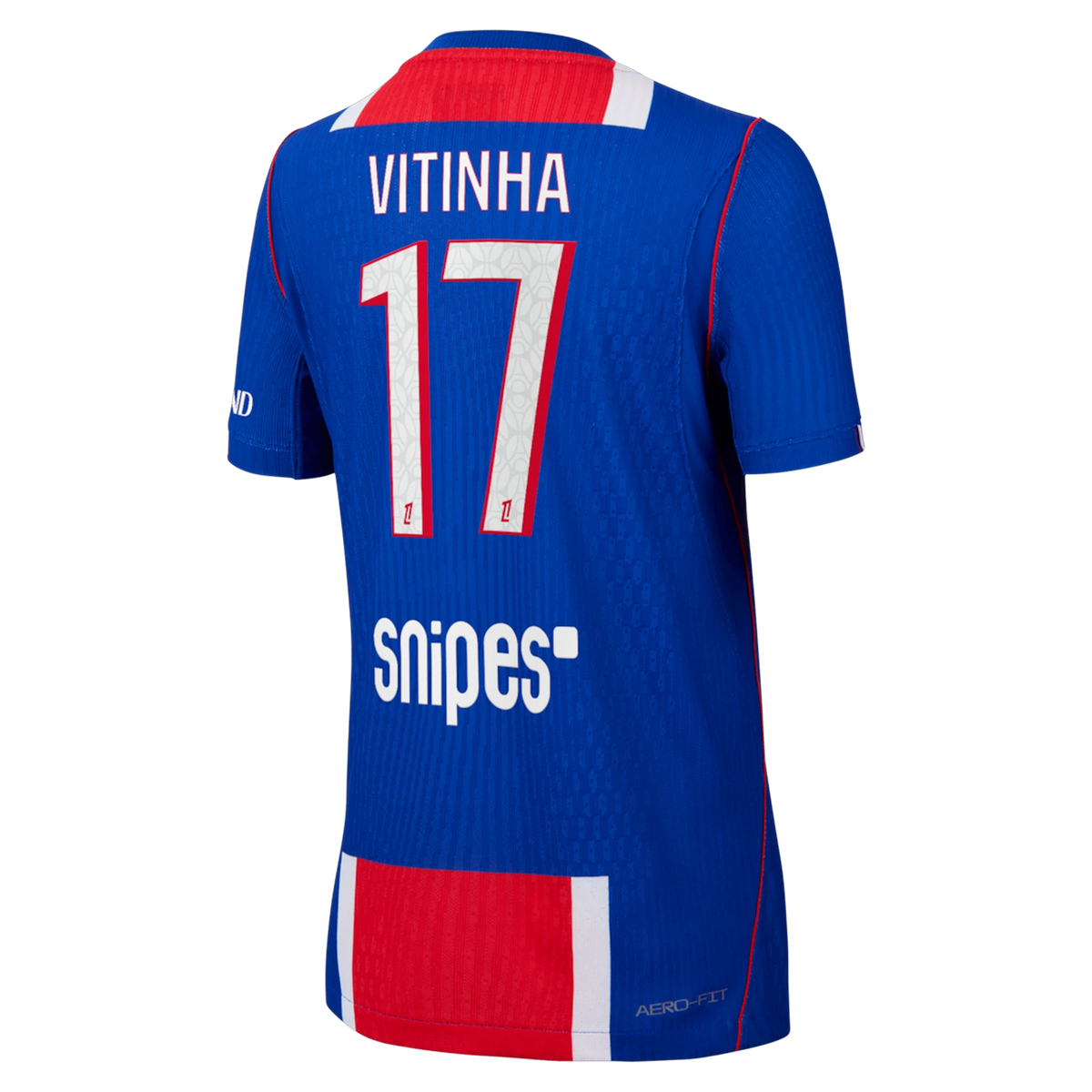 Back view of youth Paris Saint-Germain 2026-2027 home blue stadium replica football shirt with Vitinha name and number 17 printing by Final Third Kit