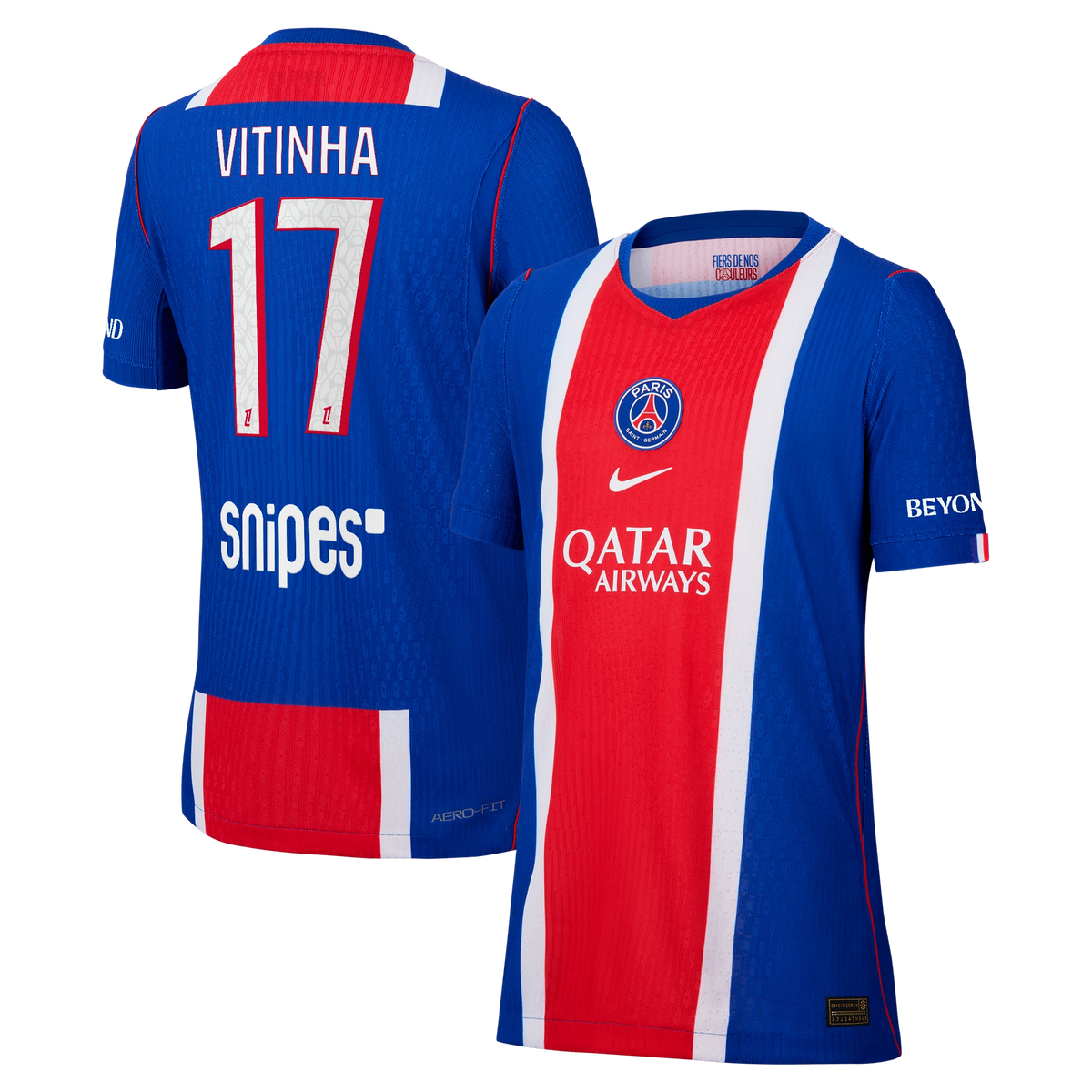 Front and back view of youth Paris Saint-Germain 2026-2027 home blue stadium replica custom jersey featuring Vitinha by Final Third Kit