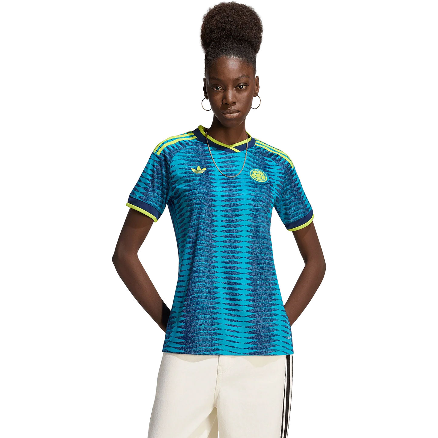 Model Wearing Colombia 2026 Away Blue Stadium Jersey