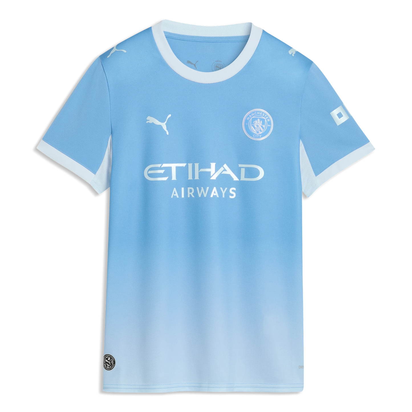A light blue gradient Manchester City soccer jersey by Puma, featuring the Etihad Airways sponsor logo on the front, a white crew neck, and sleeve details, shown against a plain white background.