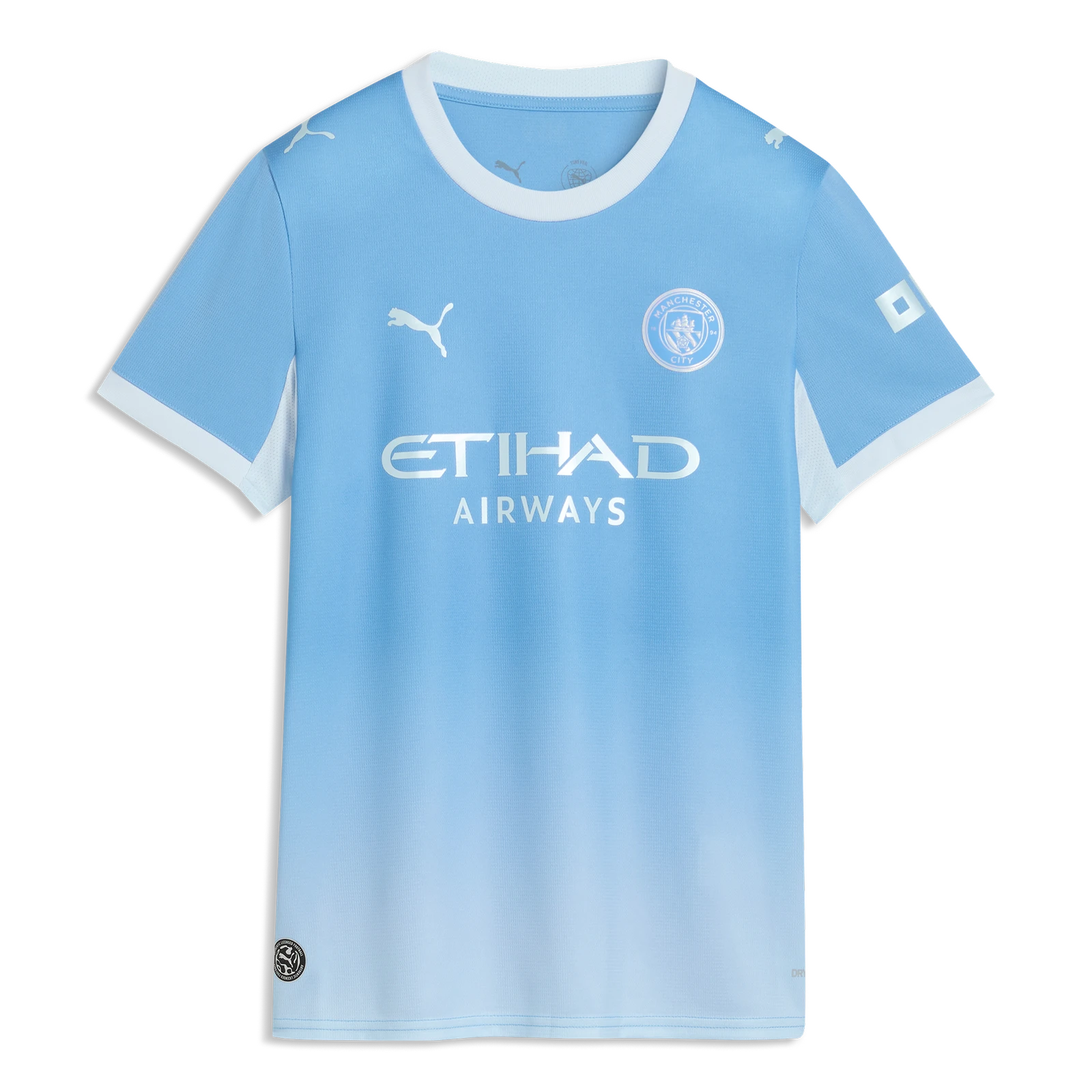 A light blue gradient Manchester City soccer jersey by Puma, featuring the Etihad Airways sponsor logo on the front, a white crew neck, and sleeve details, shown against a plain white background.