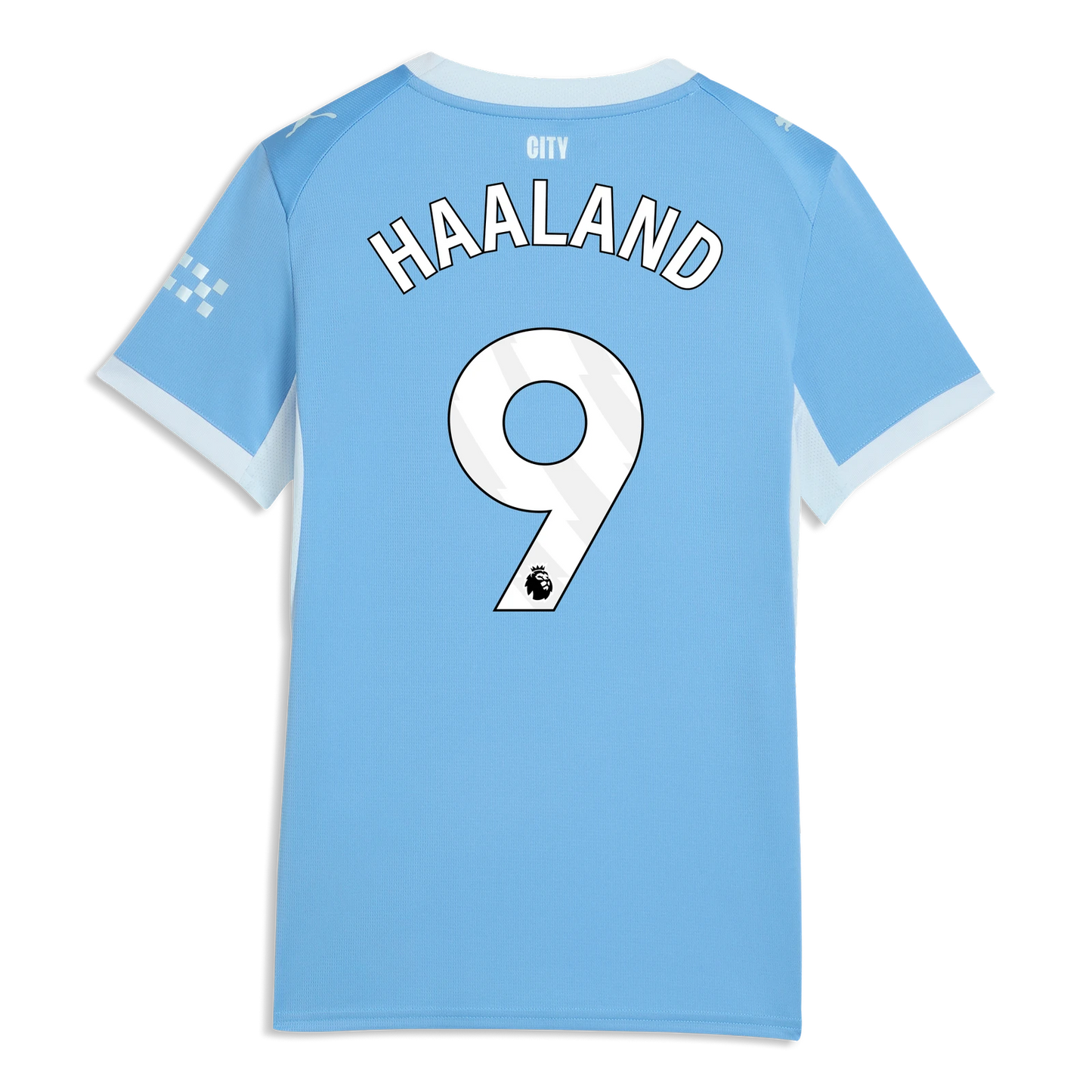 Back view of Manchester City women's home replica jersey showing Haaland 9 name and number print