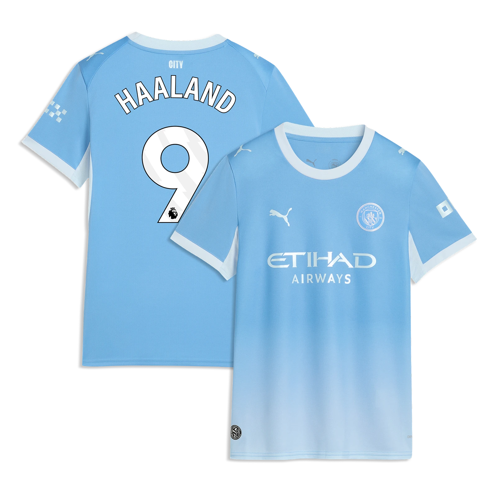 Manchester City women's 2026/27 home replica jersey front and back combined view with Erling Haaland 9 and gradient sky blue design