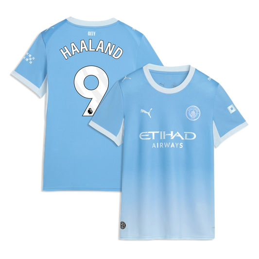 Manchester City women's 2026/27 home replica jersey front and back combined view with Erling Haaland 9 and gradient sky blue design
