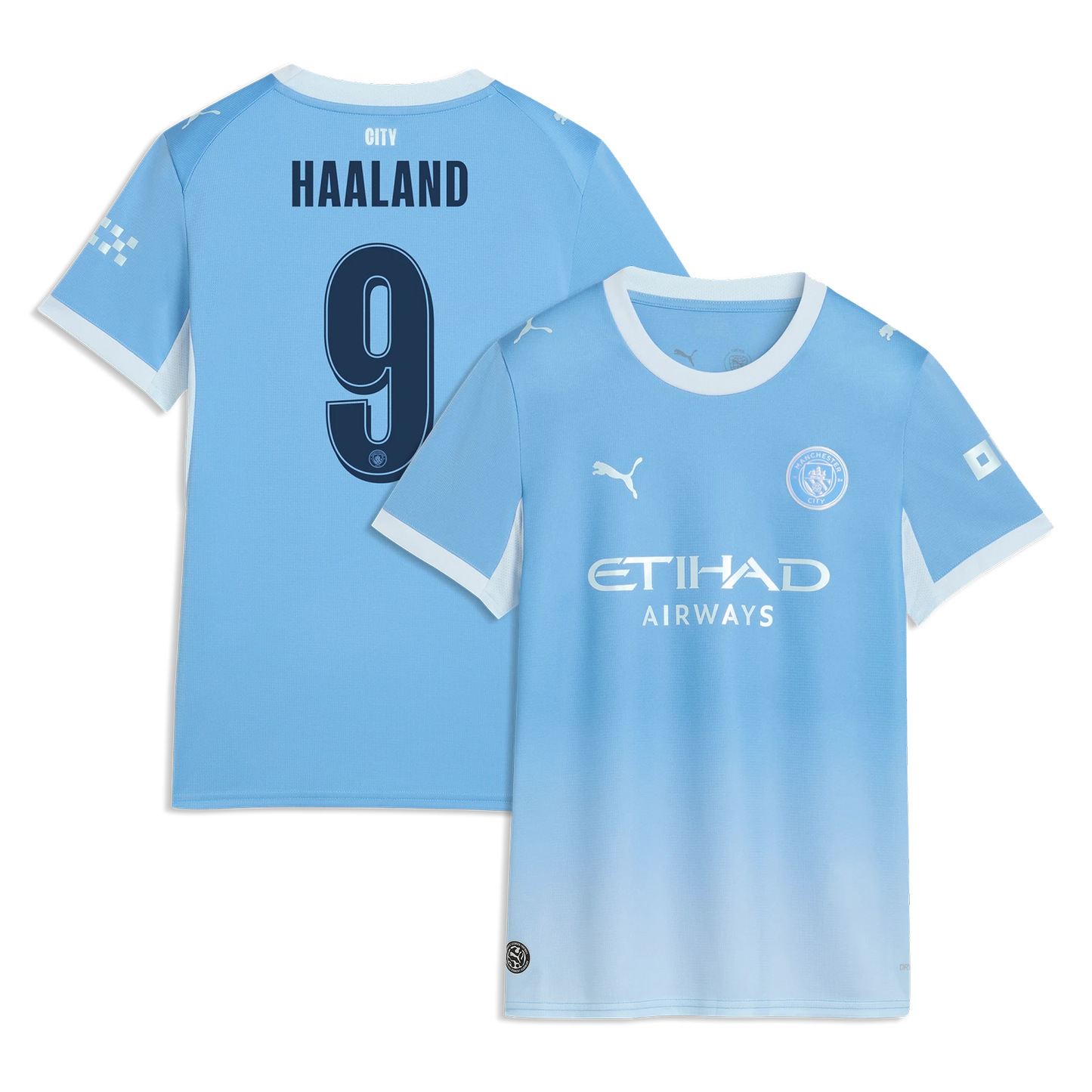 A light blue gradient Manchester City football jersey shown from both front and back. The front features the Puma logo, Etihad Airways sponsor, and the Manchester City crest.