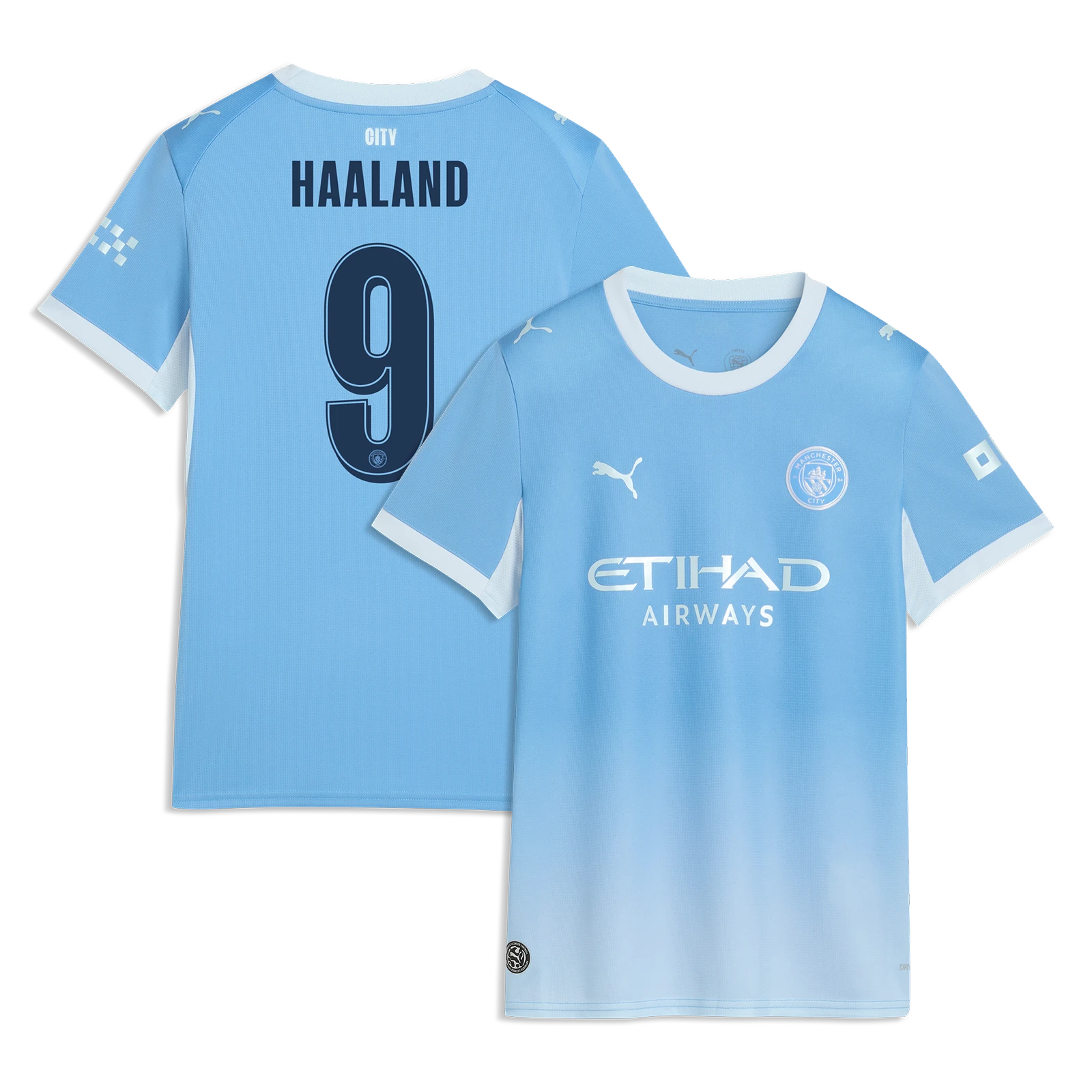 A light blue gradient Manchester City football jersey shown from both front and back. The front features the Puma logo, Etihad Airways sponsor, and the Manchester City crest.