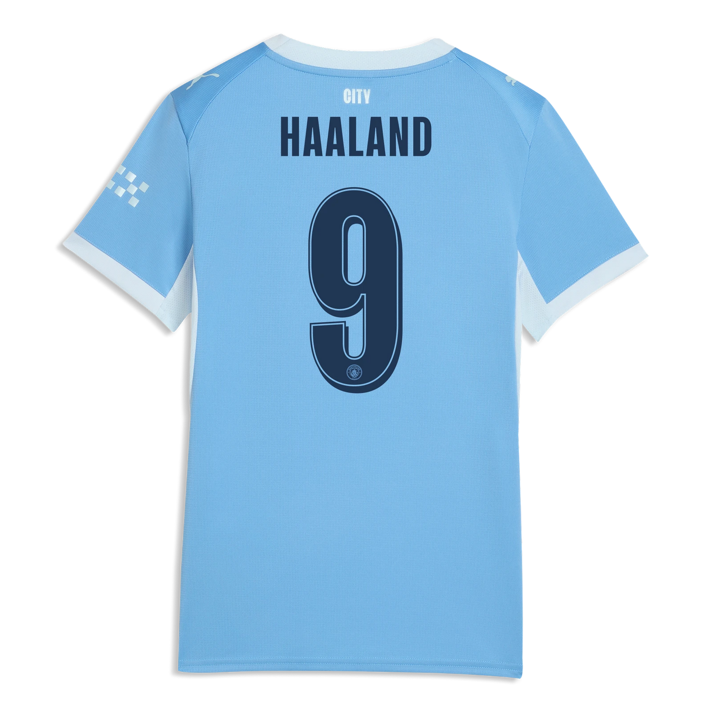 A light blue short-sleeve soccer jersey shown from the back, featuring the name 'HAALAND' and the number '9' printed in dark navy blue on the upper back. The jersey has white sleeve accents and a small 'CITY' crest at the inner collar.
