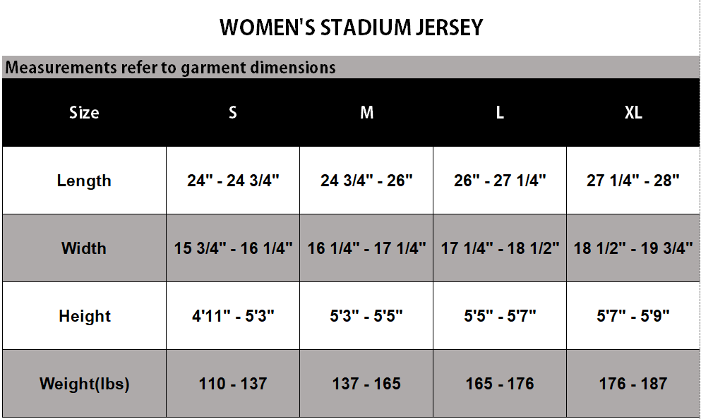 A size chart table for women's stadium jerseys showing measurements in centimeters and pounds for sizes S, M, L, and XL.