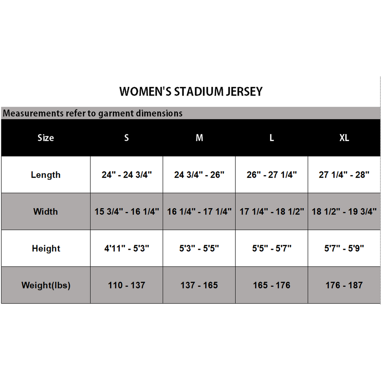 A size measurement chart for women's stadium jerseys, showing dimensions for sizes S, M, L, and XL including length, width, height, and weight in inches and pounds.