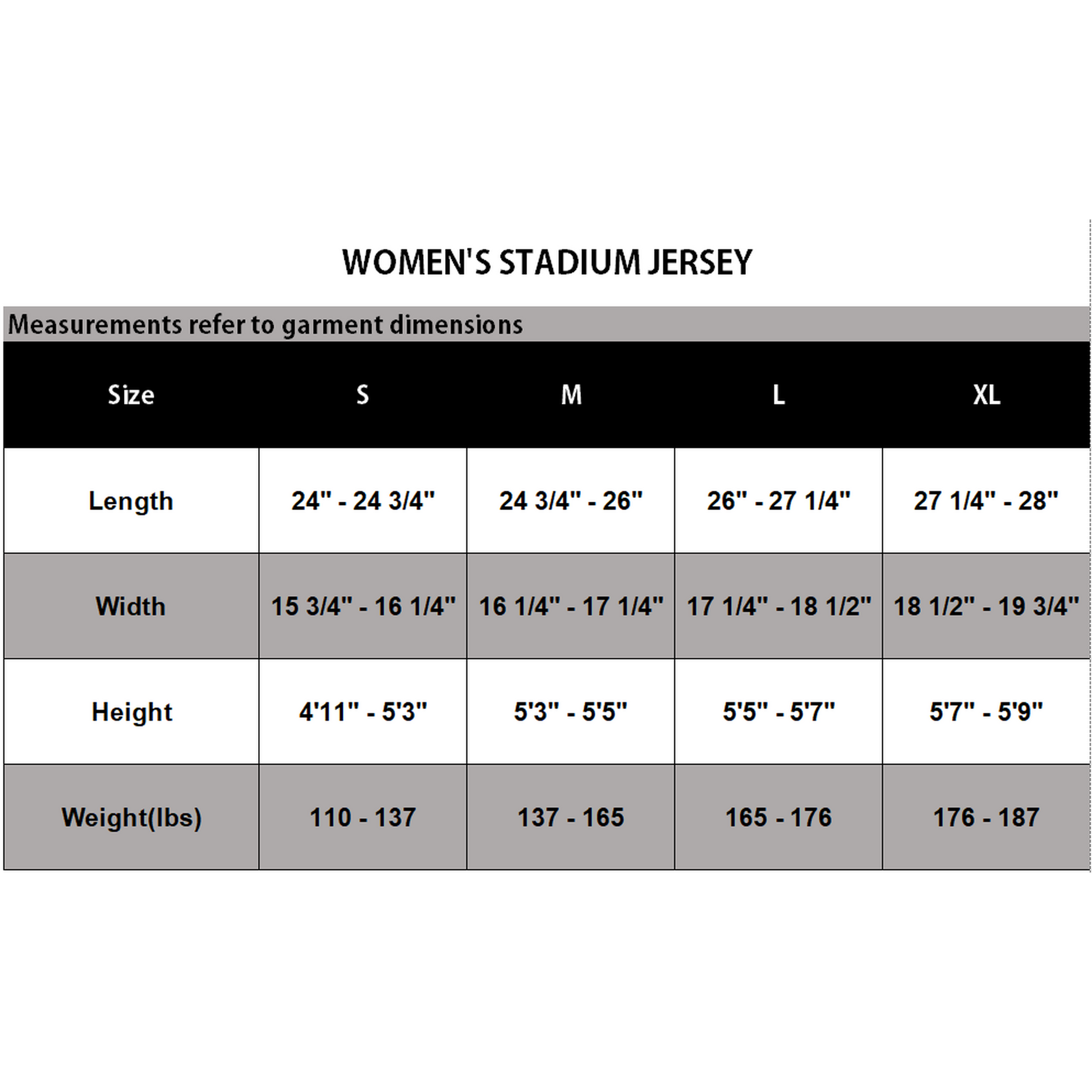 A size measurement chart for women's stadium jerseys, showing dimensions for sizes S, M, L, and XL including length, width, height, and weight in inches and pounds.